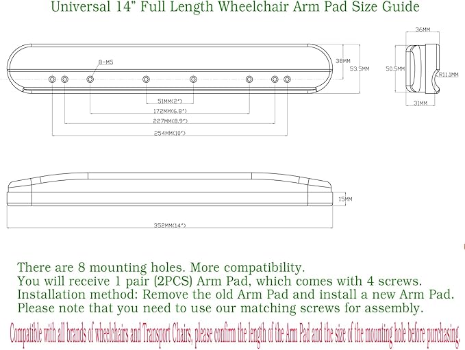 Universal 14” Full Arm Pad,Universal Duty Full Length (14") Wheelchair and Transport Chair Arm Pads w/Hardware, Replacement Vinyl Arm Pad Parts, Compatible with All Brands(1Pair,Black)