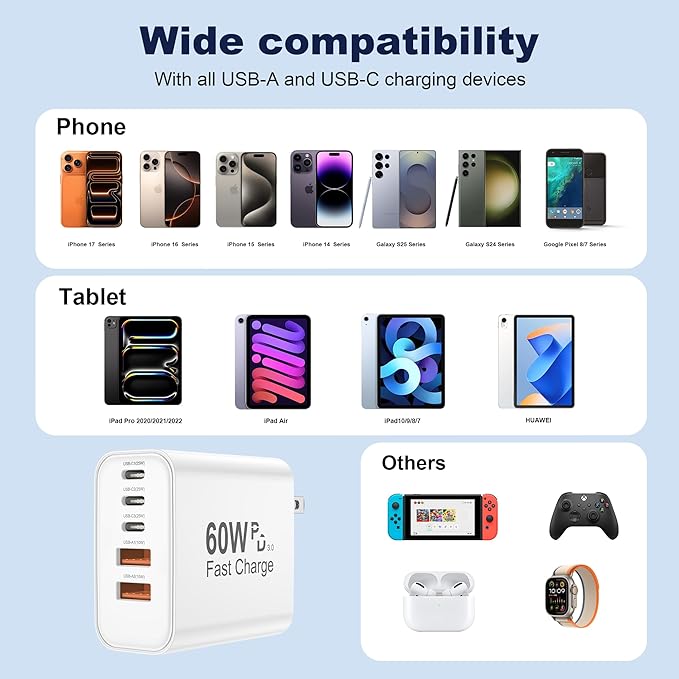 USB C Charger Block, 5 in 1 60W Charging Blocks, PD 3.0 25W Single Max Fast Charger, QC 2A USB Wall Charger for iPhone 16 15 14 13 12 11 Pro Max, iPad, iPod, Samsung, AirPods Pro, Apple Watch Series