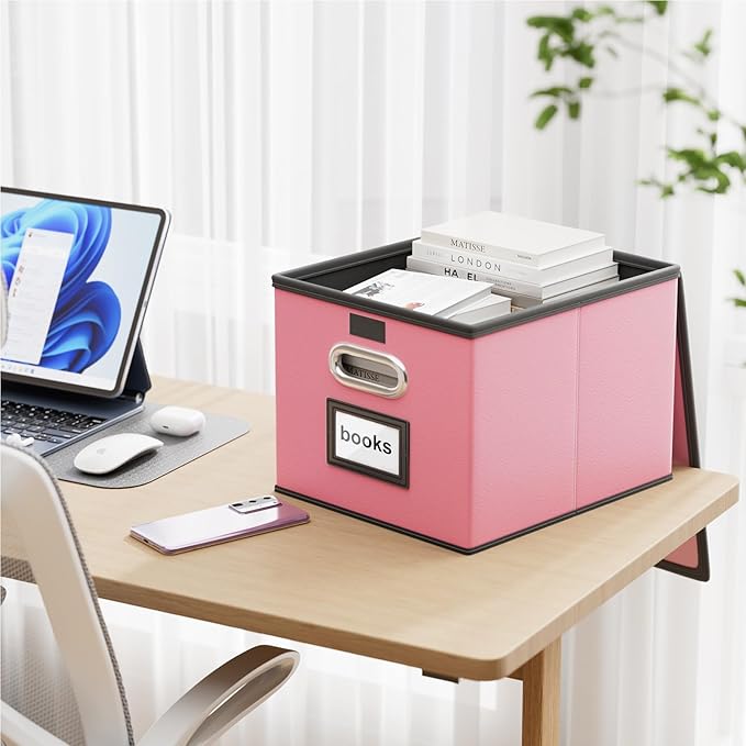 Portable Leather File Organizer Boxes with Lids, Office Document Boxes Organizer, Filing Boxes, Decorative Small File Boxes for Hanging Files, File Cabinet for Office/Home - 4 Pack