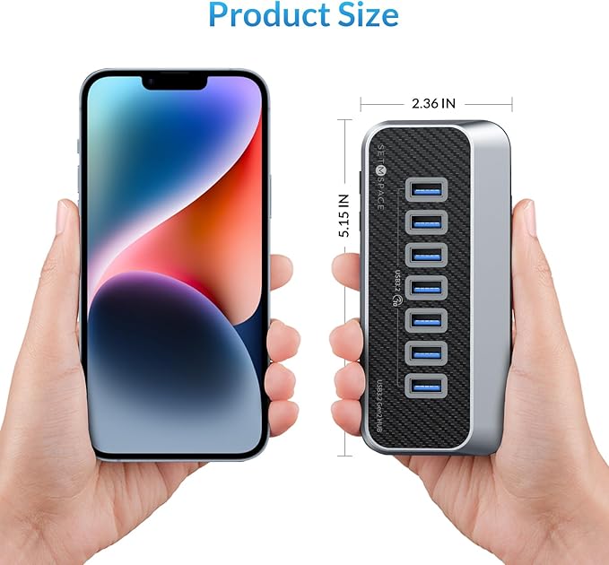 USB Hub for Laptop, SETMSPACE USB Splitter with 7 Port USB 3.2 10Gbps Transfer, USB Port Hub with 2 in 1 Cable 19in, Multiple USB Port for Laptop, iMac, MacBook, Dell, Xbox