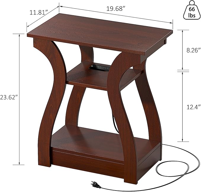 FROMJBEST End Tables Living Room, Cherry End Table with Charging Station, Nightstand for Bedroom, 3 Tier End Table with Storage Shelf for Living Room(Cherry)