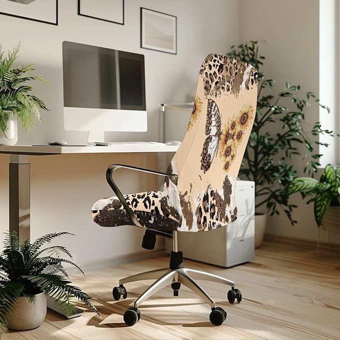 Talayituse Butterfly Sunflower Leopard Cow Print Office Chair Covers, Stretch Computer Chair Cover, Universal Boss Chair Covers Modern Simplism Style High Back Chair Slipcover, Small