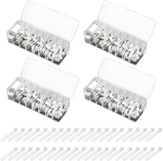 4 Pcs Cable Organizer with 40 Pcs Wire Ties, PlasticCord Storage Box with Clear Lid Electronics Cable Box for Home Office Supplies, Desk Organizers Accessories