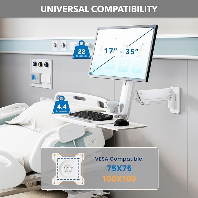 Mount-It! MedHub Wall-Mounted Medical Workstation – Height Adjustable Monitor & Keyboard Arm with Folding Tray, Sliding Mouse Pad, VESA Mount – Ideal for Clinics, Exam Rooms & Dental Environments