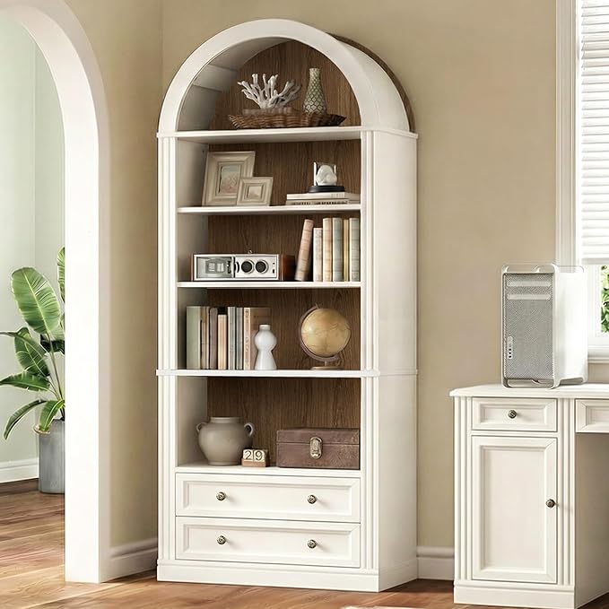 RALGEND Farmhouse Arched Bookshelf Set of 2, 7 Tiers Arch Bookcase with 2 Spacious Drawers, Modern Book Shelf with Open Display Shelves and Storage Cabinet, for Office, Living Room, Walnut and White