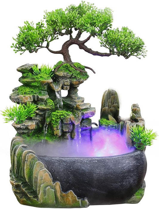 Tabletop Fountain, Atomizing Desktop Humidifier with Rockery & Bonsai, Zen Meditation Indoor Relaxation Waterfall Feature, Illuminated Waterfall Fountain Indoor for Home Office Bedroom Desk Decor