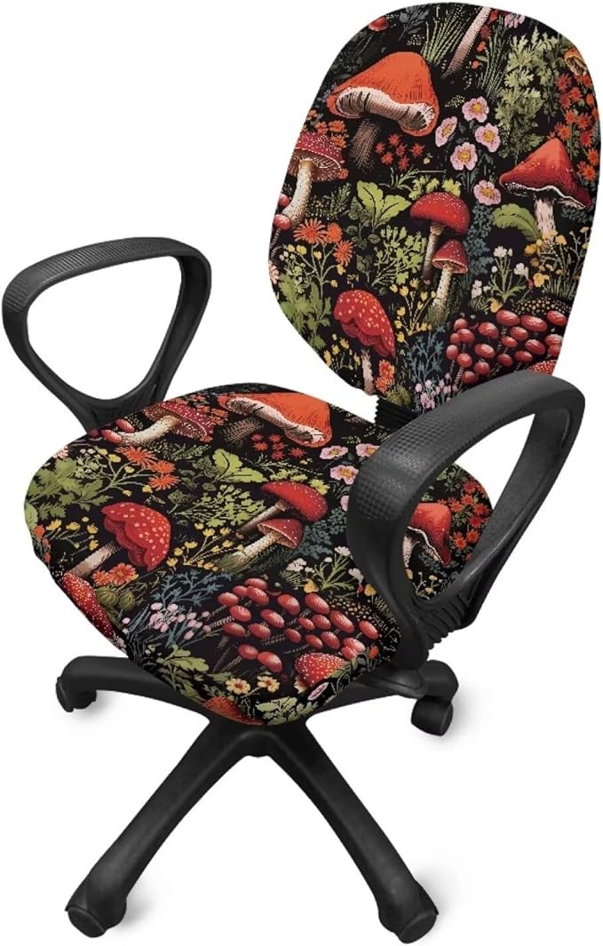 Mushroom Computer Chair Covers Stretchable Office Chair Cover Flower Desk Chair Seat Cover 2 Piece Decorative Universal Slipcover for Rotating Chair,Swivel Chair Protector Cover Black