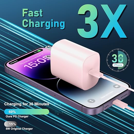 DiHines Phone 14 13 12 11 Fast Charger,10FT Long Fast Charging Lightning Cable with 20W USB C Charger Block for Phone 14/14 Pro Max/13/13 Pro Max/12/12 Pro Max/11/11Pro/XS/Max/XR/X,Pad,Pink