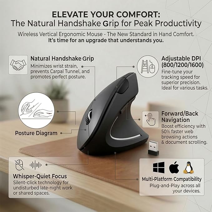Wireless Ergonomic Mouse,2.4G USB Wireless Vertical Mouse,Adjustable DPI(800/1200/1600),Quiet Clicks,6 Buttons for Laptop,PC,Mac,Desktop – Black