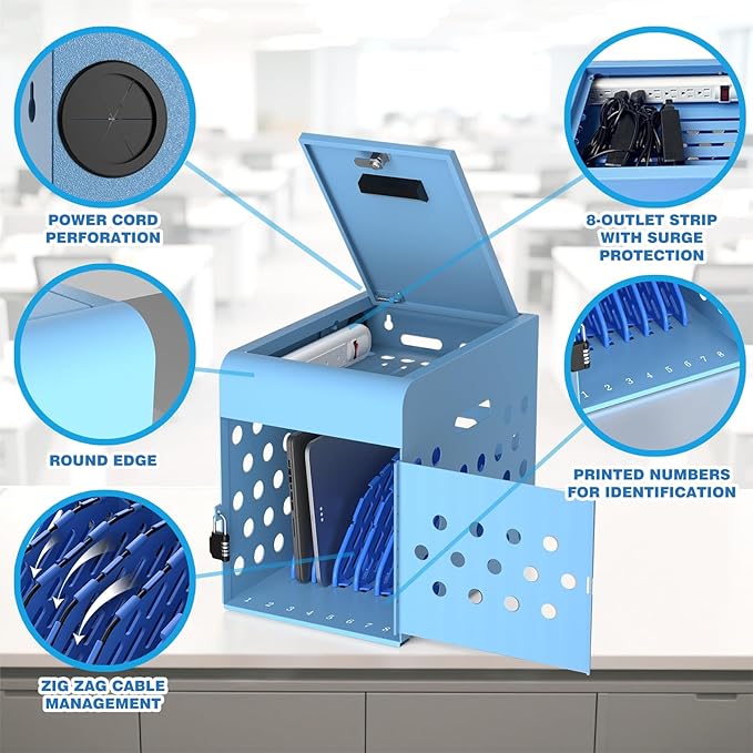 POCHAR 8-Device Chromebook Charging Cabinet for Classroom - Laptop Lock Box for iPad Tablet Fits 14" Screen - Portable Locking Charging Station for Schools, Offices, Hospitals (Blue)