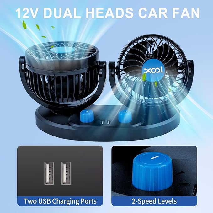 XOOL Car Fan – Car Cooling Fan with 2 USB Charging Ports, 2-Speed Adjustable, 360° Rotatable Dual Head Car Fan Quiet Strong Airflow, Cigarette Lighter Plug, Fan for Car, Vehicles, RVs, and SUVs