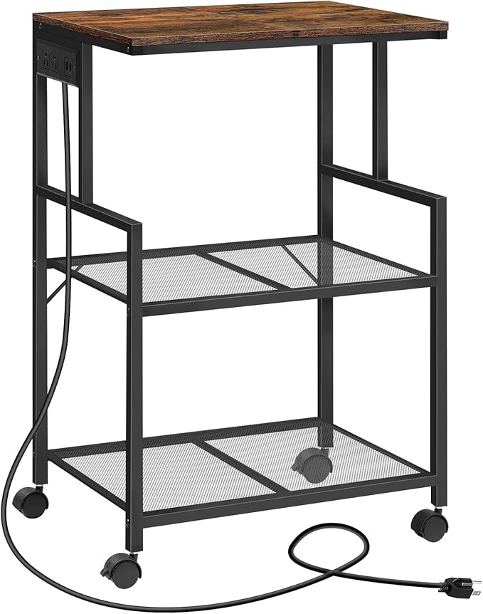 MAHANCRIS Mobile Printer Stand, 3-Tier Industrial Printer Cart with Power Outlets and 2 USB Ports, Rolling Printer Table on Wheels for Home Offices Kitchen Organization Rack, Rustic Brown PTHR78E01