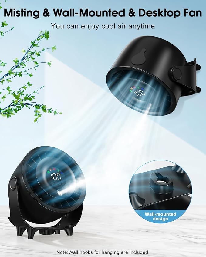Ouddy Mode Small Desk Fan, 4000mAh Portable Misting Quiet Table Fan with Digital Display, Wall-Mouted Design USB Rechargeable Desk Fans for Office Bedroom Home Travel Outdoor Black