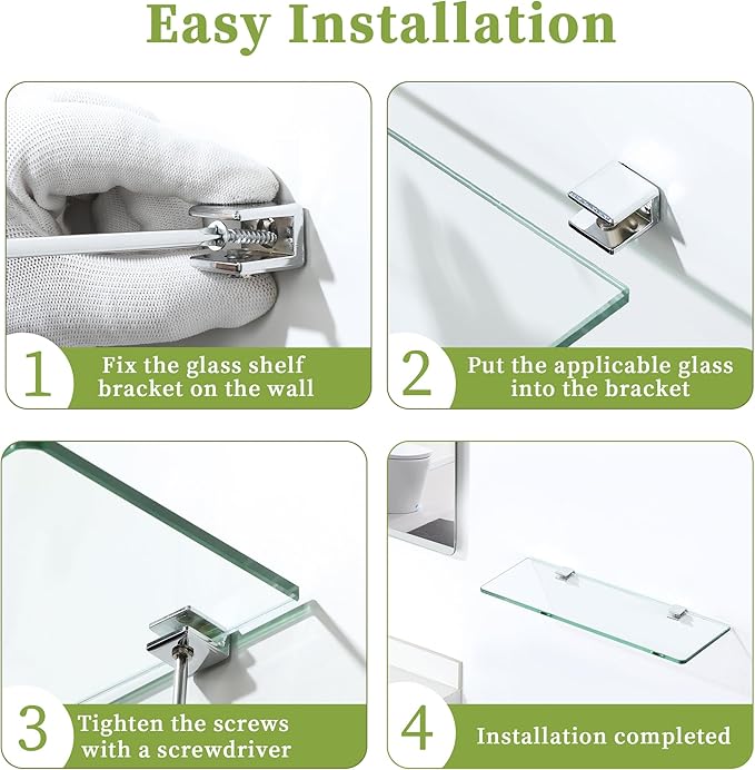 Mooche 4Pcs Glass Shelf Brackets Adjustable, Heavy Duty Wall Mount Clamp Holder for Wood Glass Shelves, Polished Chrome Zinc Alloy (for 3-6mm Shelves)