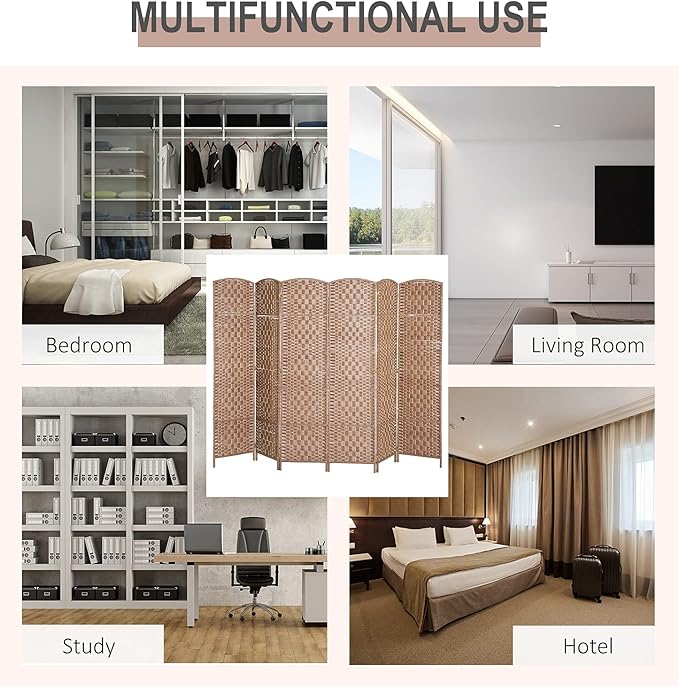HOMCOM Room Divider 6 Panel, 6FT Tall Folding Privacy Screen, Freestanding Hand-Woven Partition for Room Separation with 360° Hinges, Paper Rope Diamond Weave, Natural