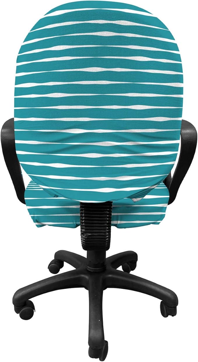 Ambesonne Teal Stripe Office Chair Slipcover, Horizontal Wavy Lines in Monochrome Design Hand Drawn Like Design Pattern, Protective Stretch Decorative Fabric Cover, Standard Size, Teal White