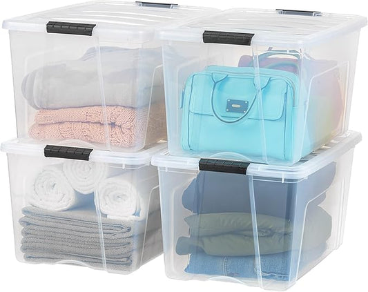 IRIS USA 72 QT Plastic Storage Box with Lid and Latches - 4 Pack - BPA-Free, See-Through Organizing Solution, Durable Nestable Stackable Containers, Secure Pull Handle - Clear