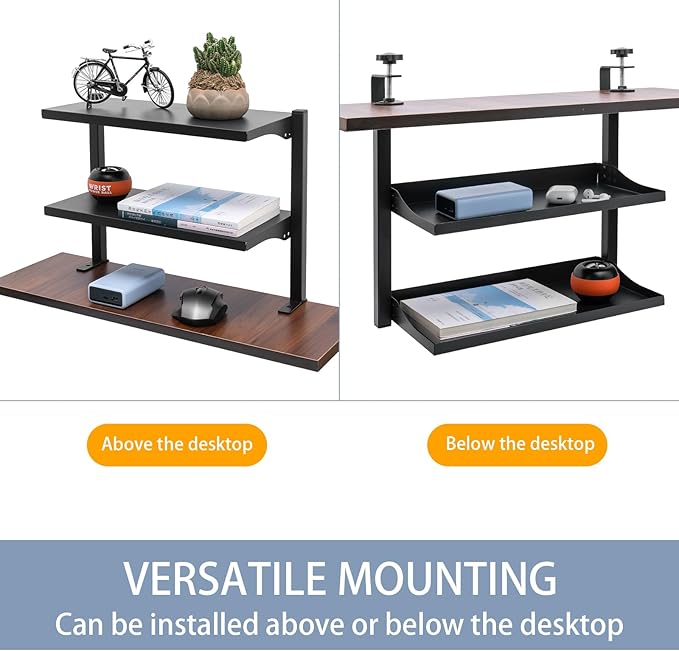2-Tier Clamp On Desk Shelf,16 inch Adjustable Above or Under Table Storage Shelves,Desktop Organizer