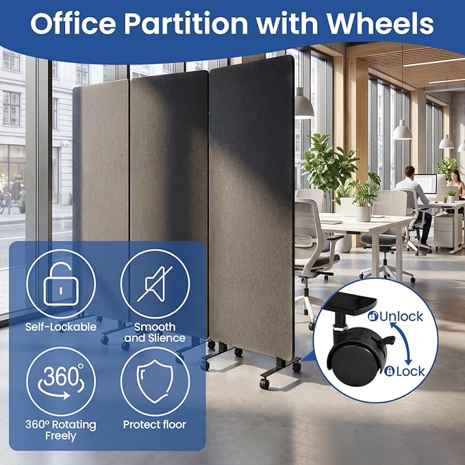 72in 3-Panel Soundproof Room Divider with Wheels, Heavy-Duty Acoustic Partition Temporary Wall for Noise Reduction, Portable Divider for Home Hospital Library Classroom - Dark Grey