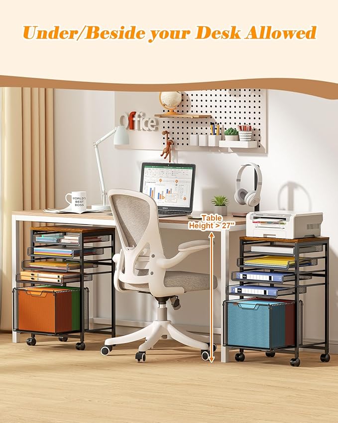 Feyejade Rolling File Cart 5-Tier, Under Desk Storage with Drawers, Filing Cabinet for Letter-Size File Storage, Sliding Metal Mesh Trays for Binder Storage, Office Storage & Organization for Teachers