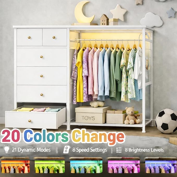 Simple Deluxe Storage Clothes Rack with 6 Drawers, Charging Station & LED Lights, Fabric Chest Shelves Clothing Rack, Wooden Portable Wardrobe Closet, 49.2" W x 15.7" D x 47.2" H, White