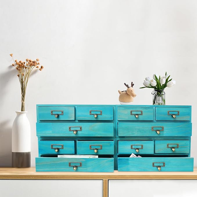4 Packs Vintage Desktop Apothecary Cabinet with 3 Drawers,Wood Desktop Organizers Stackable Drawers Desktop Chest Drawer for Herb Storage,Tea Collection,Stationery (Blue)