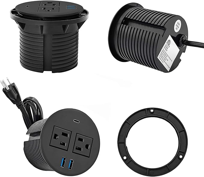 Kungfuking Desktop Power Grommet with PD 20W USB C,Recessed Power Outlets with 2 AC Plugs and 3 USB Charging Ports,Hidden Power Strip for Office Kitchen Cabinet Conference Room