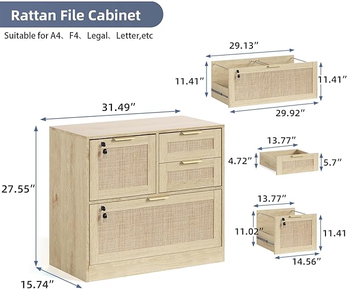 Lateral File Cabinets for Home Office, 4 Drawer Filing Cabinet with Lock, Wide Rattan Filing Organization Storage Cabinets with Printer Stand for Hanging Files/Letter/Legal/A4/F4 Size, Natural Wood