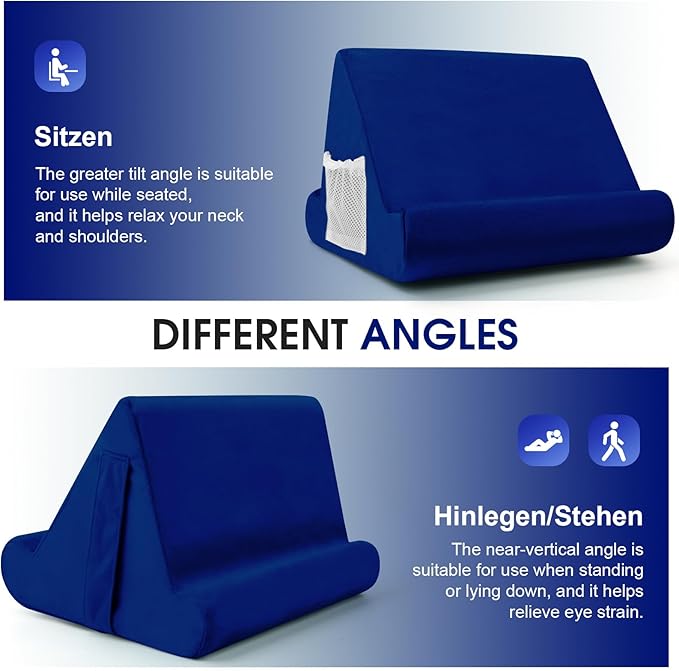 Multi-Angle Tablet Stand with Soft Pad Cushion and Net Pocket - Universal Phone and Pad Holder for Lap, Knee, Sofa and Bed (Navy Blue)
