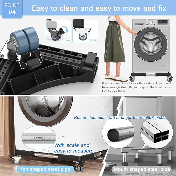 Mini Fridge Stand with 4 Locking Twin Wheels Washing Machine Stand Base Adjustable Furniture Universal Stand Base for Furniture Portable Refrigerator Dryer Stand,Laundry Pedestal 45-65cm(Black, 440LB)