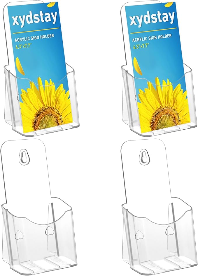 xydstay Brochure Holder 4x9 Inches Slant Back Design, Clear Display Stand, Plastic Table Stand Sign Holder,Pamphlet Holder Flyer Holder, Acrylic Display Stand, Acrylic Table Signs Plastic Paper Holder for Office, Home, Store, 4 Pack