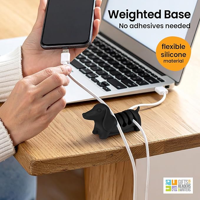 Gifts for Readers & Writers Cord Organizer, Office Desk Organizing & Cable Management Accessory, Kord Keeper Dog, Weighted Wire Holder to Organize Phone & Device Charger Cords, Light Gray