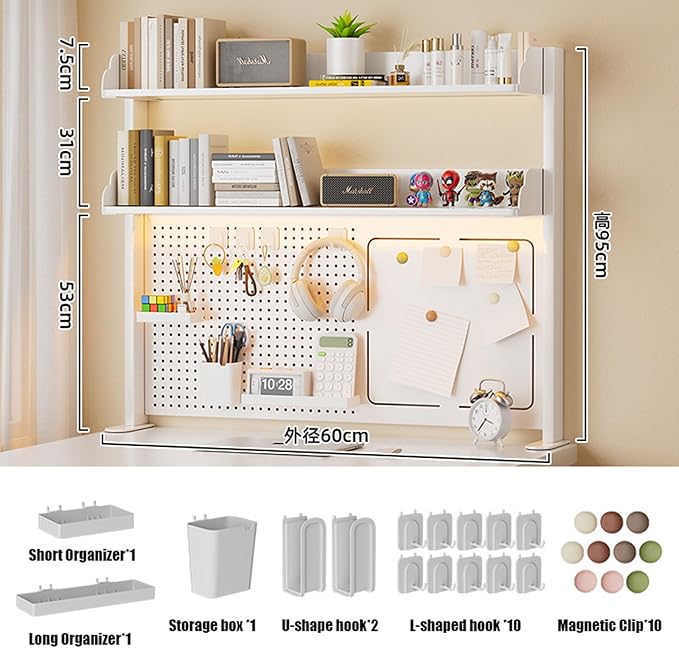 Clamp On Desk Organizer Shelf with Perforated Panels and Shelving Unit, Clamp-on Above or Under Desktop Storage Shelf for Office Home Dorm Desk