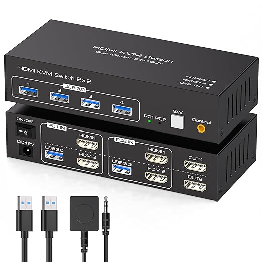 4K@120Hz KVM Switch 2 Monitors 2 Computers 8K@60Hz HDMI KVM Switch Share Dual Monitor and 4 USB Devices Support Extended/Copy Mode with USB 3.0 Cables and Extended Controller