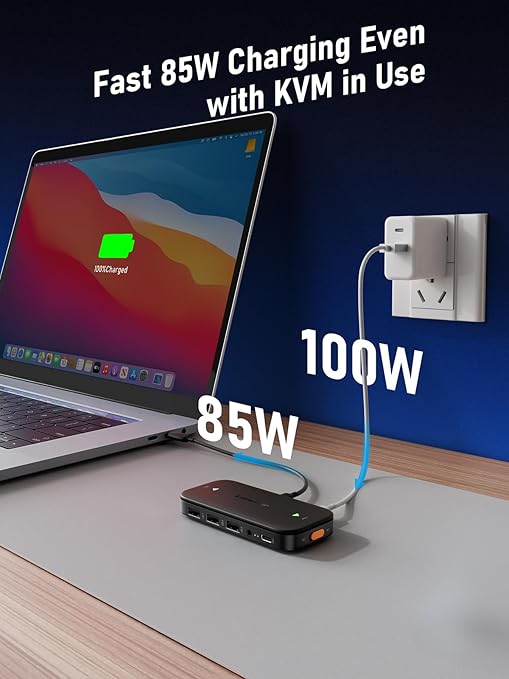 Lemorele USB C KVM Switch, 2 Computer Sharing 4K@60Hz HDMI Monitor, 100W PD Fast Charging, 3×USB-A 2.0 + 1×USB-C 2.0 Data Ports, 3.5mm Audio for Windows/Mac/Linux