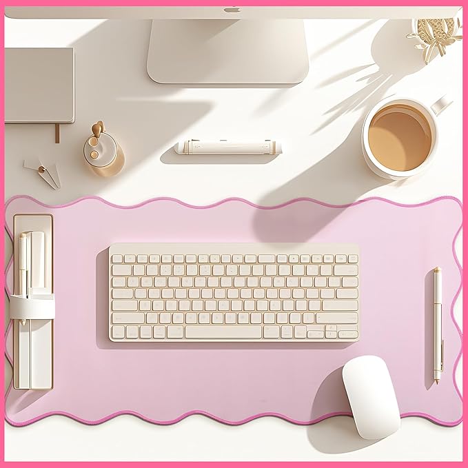 Hahafelt Scalloped Desk Mat Large Scalloped Piping Cute Desk Mat Aesthetic Preppy Table Pad Large Nonslip Pad with Edge Stitching Waterproof Gaming(Pink,31.5 x 15.8 Inches)