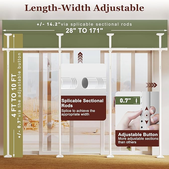 Goovilla Room Divider for Room Separation, Tension Curtain Rods No Drilling, 4-10ft(H) 28-171inch(W) Adjustable Temporary Privacy Wall Divider, Heavy Duty Freestanding Space Partition Separator, White