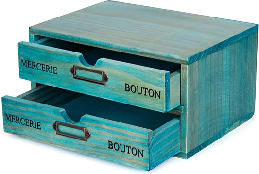 Turquoise 2-Tier Drawer Unit - European Country Style Desk Organizer Box - 9.7x7x5.1" Teal Wooden Stackable Drawers - Countertop Organizer Drawers w/Label Holder - Double File Drawer Unit