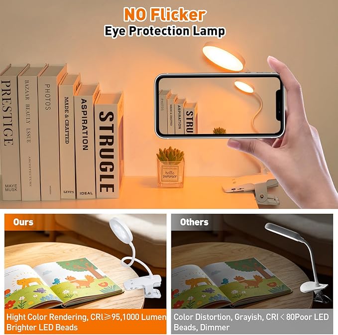 Cordless Clip on Desk Lamp with Clamp, 30 Lighting Modes (6 Colors x 5 Dimming Levels) Eye-Protect 450 Lumen, 360° Flexible Gooseneck & Foldable, Clip on Light for Bed Headboard / Puzzle,White 2 Pcs