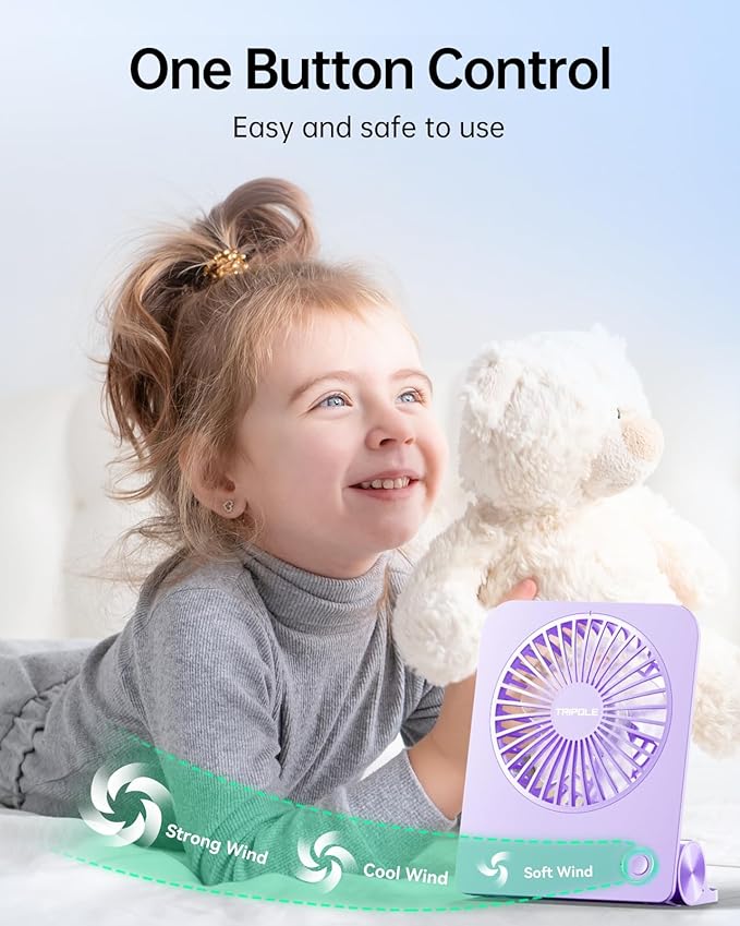 TriPole Desk Fan Small Portable Fan 2000 mAh Rechargeable Battery Ultra Quiet 4.5 Inch Mini Travel Fan with 180° Tilt Folding and 3 Speeds Adjustable for Home Office Desktop Purple