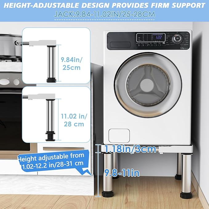 Mini Fridge Stand with 4 Strong Feet Washing Machine Stand Base 9.8"-11" Height Adjustable Universal Stand Base for Portable Refrigerator Dryer Stand Laundry Pedestal for 17.7"-25.6" Appliance, White