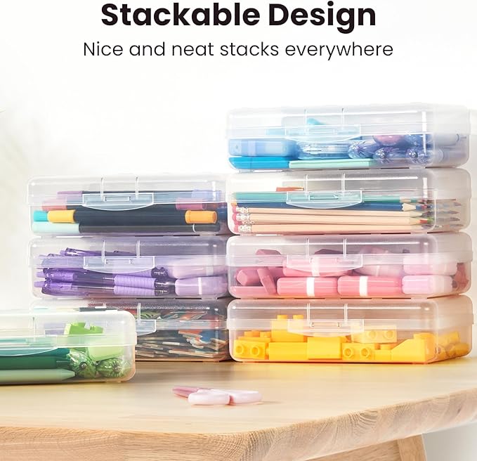 Sooez Plastic Pencil Case Box 6 Pack, Large Crayon Maker Pen Organizer, Plastic Containers with Snap Lids, Stackable Craft Storage Boxes Bulk, School Supplies Art Box for Bead, Clear