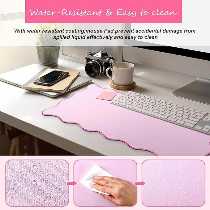 Hahafelt Scalloped Desk Mat Large Scalloped Piping Cute Desk Mat Aesthetic Preppy Table Pad Large Nonslip Pad with Edge Stitching Waterproof Gaming(Pink,23.6 x 13.8 Inches)