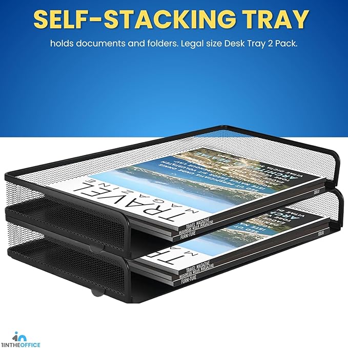 1InTheOffice Desk Trays Stackable Legal Tray, Black Wire Mesh Side-Load Paper Tray Organizer, (2 Pack)