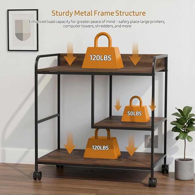 Printer Stand Large Storage for Office: Sturdy Steel Frame Mobile and Printer Table with Adjustable Storage Shelf - Easy Installation and Stability Design Table with Wheels for Scanners Paper File