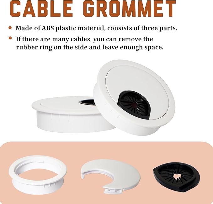 Signite 5 Pcs Plastic Desk Cable Grommet 2-1/2" – Durable Desk Hole Cover for Wire Management, Desks Cord Grommet for Workstations, Tables, Countertops 60mm Hole Cover for Home & Office Use - (White)