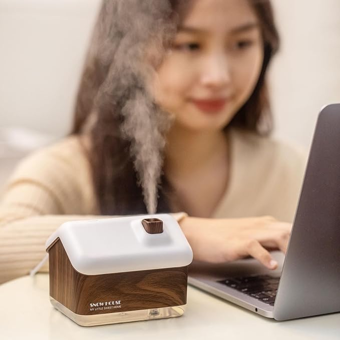 Mini Cabin Humidifier,House Shape, Cute Personal Small Humidifier with adjustable Cool Mist Mode,7 Color Light for office Desktop,Plant Home Indoor Room Baby Bedroom Super Quiet Christmas Gift