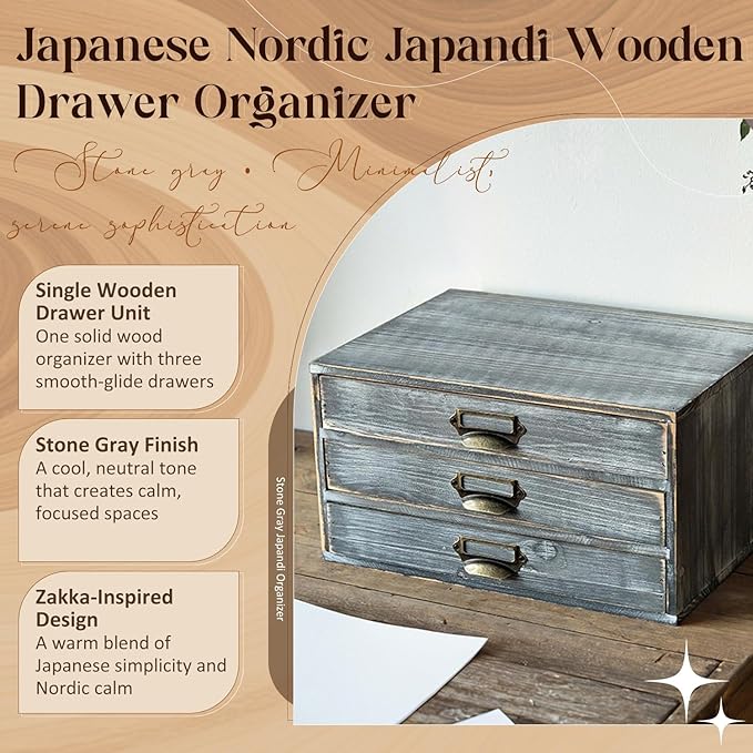 Stackable Modular Desktop Drawer Organizer, Solid Wood Grey 3-Drawer Storage Unit with Label Pull Handles, Stone Gray Japandi Style, Expandable by Adding More Units for Clutter-Free Spaces