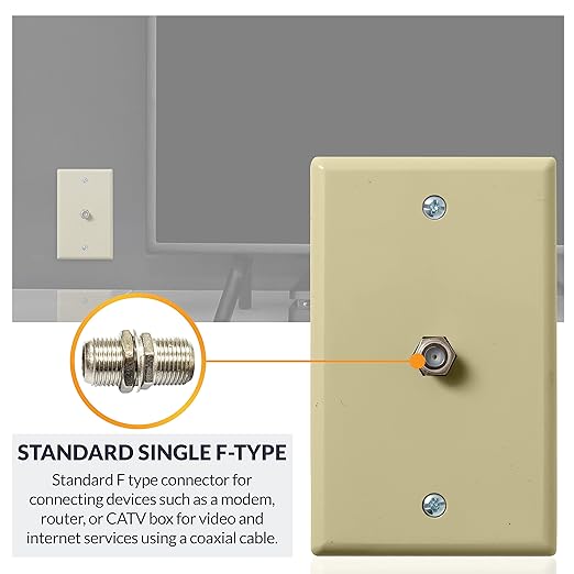 Newhouse Hardware 1-Port TV Cable Wall Plate, F Connector, for Coax Cable, Single Gang Video Wall Jack, 5-Pack, Ivory