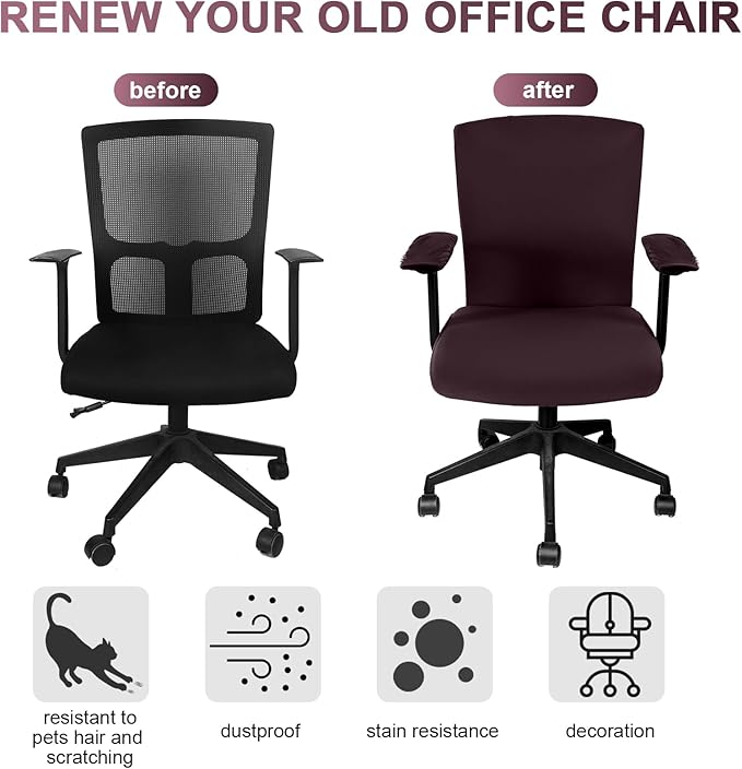 Tallew 4 Pcs Office Chair Covers Set Computer Universal Protective Stretchable Chair Seat Covers Desk Armrest Cover Pads Office Cushion Backrest for Rotating(Regular,Coffee)